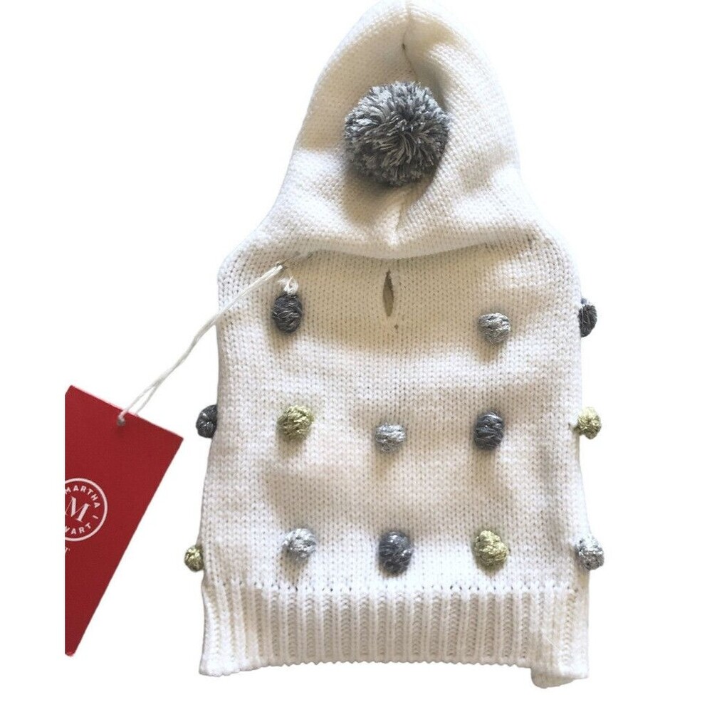 Martha Stewart Hooded Extra Small Dog White Sweater Knit XS Gold Silver Pom Pom